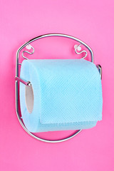 Roll of toilet paper on  holder fixed to wall
