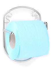 Roll of toilet paper on  holder fixed to wall isolated on white