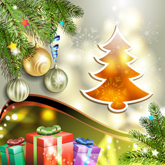Christmas card with gifts box and pine tree