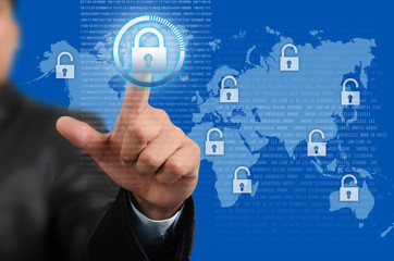 Businessman pressing on the Lock button