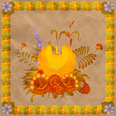 Floral composition with a frame of leaves on the background of o