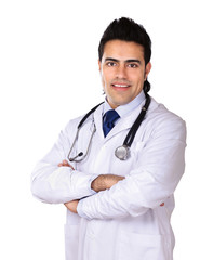 Portrait of smiling doctor with stethoscope isolated