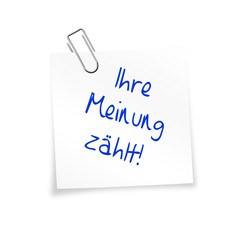 Notizzettel weiß mit Büroklammer - Ihre Meinung zählt!