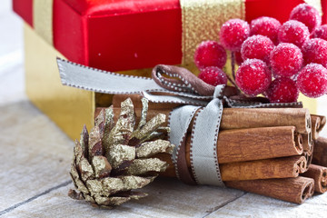 Decorative christmas composition on wooden table