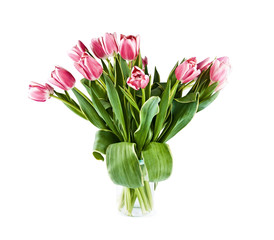 bouquet of many red tulips in glass vase