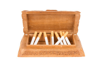 Cigarettes in handcarved wooden box