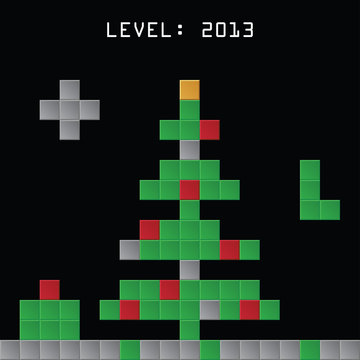 Stylized christmas tree made from computer game tetris blocks