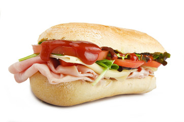  sandwich with lettuce, tomatoes, ham and cheese