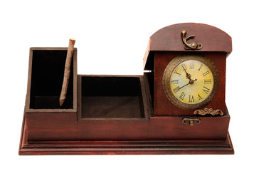 old wooden box and clock