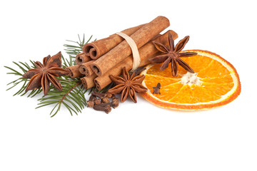 christmas decorations with fragrant spices on white
