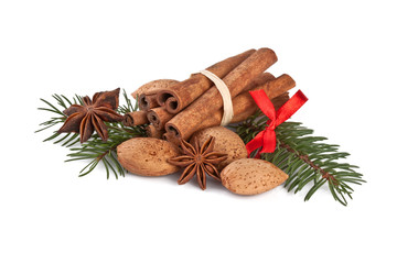 christmas decorations with fragrant spices on white