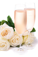 Fototapeta na wymiar cold champagne and a bouquet of roses
