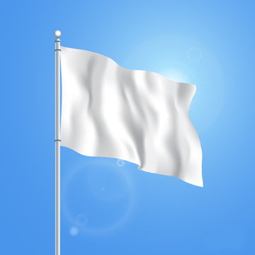 Vector blank white flying flag on a clear sky for designers.
