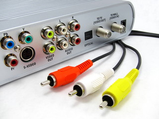 Back side of a dvd player and RCA cables