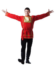 Happy man posing in russian oriental dance costume