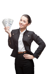 young cheerful businesswoman holding money