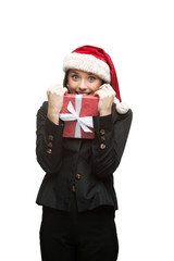 businesswoman in santa hat holding christmas gift