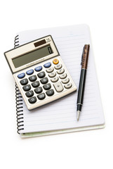 calculator and pen on note book with clipping path