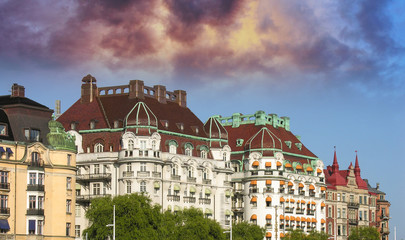 View of colorful Buildings on the harbor part of Stockholm city.