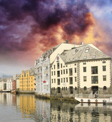 Small harbor in downtown of Alesund, with Reflections - Norway