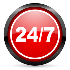 24/7 round red glossy icon on white background