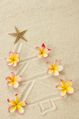 Fototapeta na wymiar Choinka wykonana z piasku i kwiatów frangipani. Xmas plaża h