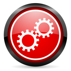 gears round red glossy icon on white background