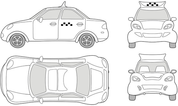 Taxi passenger car (outlined top, side, back, front view)