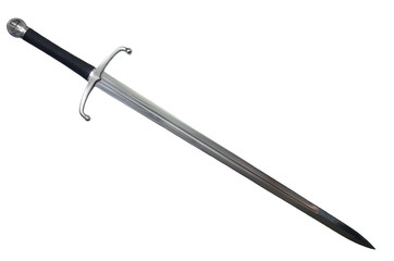 Isolated medieval sword with a polished stainless steel blade and classic hilt design on a white background. Ideal for historical, fantasy, and cosplay themes, showcasing elegance and craftsmanship.