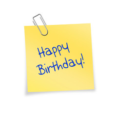 Notizzettel gelb mit Büroklammer - Happy Birthday!