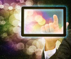 businessman hand pressing button on a touch screen interface on