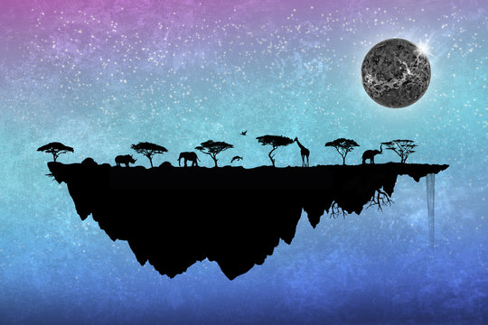 silhouette safari floating island with trees and animals