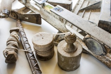 Construction masonry cement mortar tools on white