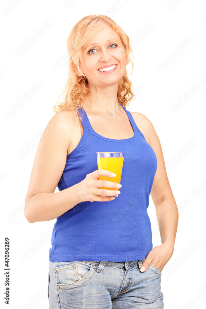 Sticker mature woman holding a glass of orange juice