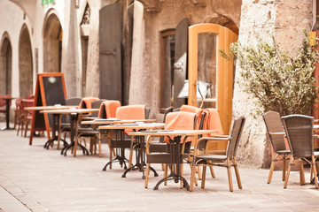 Empty Outdoor street cafe during Coronavirus Covid 19 quarantine in Europe
