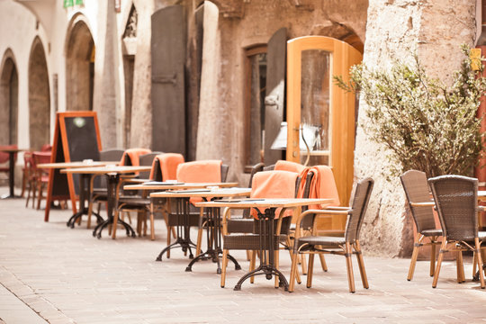 Empty Outdoor Street Cafe During Coronavirus Covid 19 Quarantine In Europe