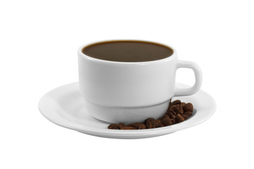 A cup of coffee with beans on a saucer