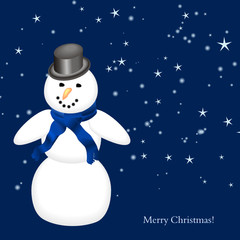 Fototapeta premium Merry Christmas mit Schneemann in Blau