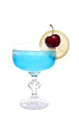 blue margarita, blue cocktail decorated lemon & cherry