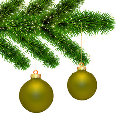 goldene Christbaumkugeln am Tannenzweig