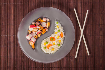 Chinese asian seafood and rice at side dish