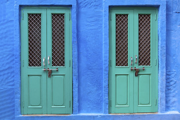 Painted wooden doors in the blue city of Jodhpur