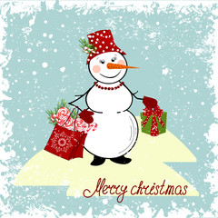 Christmas card with a snowman and gifts