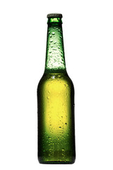 Beer bottle with drops isolated on white