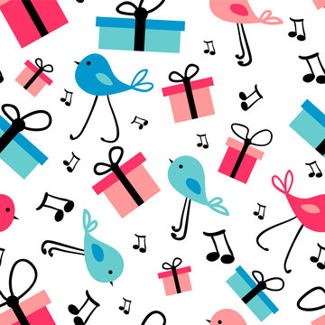 Seamless battern with birds and gift boxes