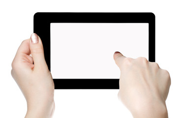 Hands with tablet computer. Isolated on white background