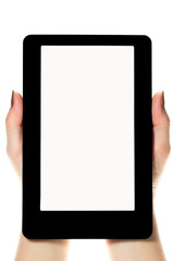 Hands with tablet computer. Isolated on white background