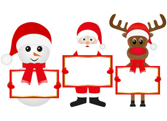 Christmas reindeer snowman and Santa Claus are holding banners