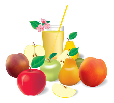 Vector set of realistic fruits with juice