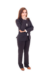 Full body portrait of young business woman with crossed arms, is